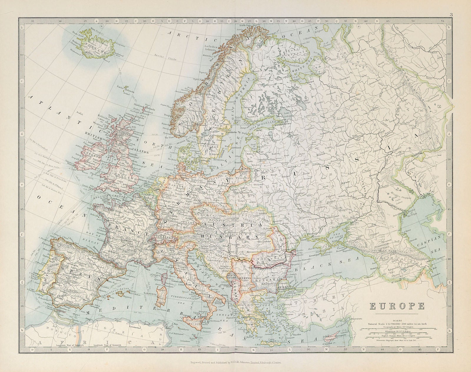 EUROPE shown before the First World War. JOHNSTON 1915 old antique map chart